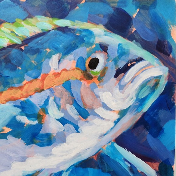 Fish Acrylic Original Painting 9x12 Handmade Paper - Picture 3 of 5